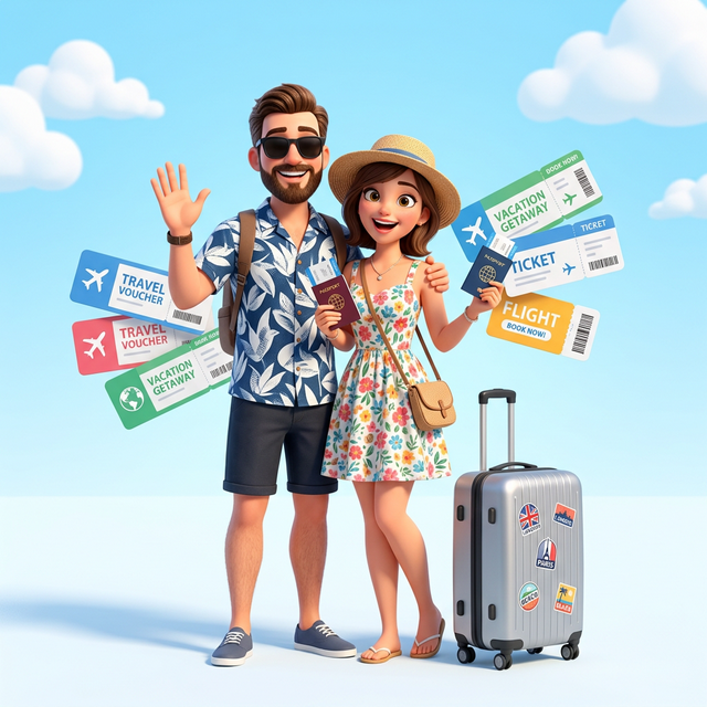 Dois viajantes felizes com malas de viagem e vouchers